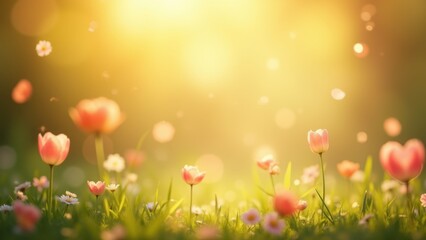 Pink tulips swaying gently among white daisies in lush green grass under golden sunrise bokeh, concept of spring gardening, floral greeting, nature wellness