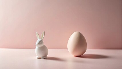 Pastel Pink Studio Still Life A Delicate White Rabbit Figurine and a Single, Softly Lit Egg