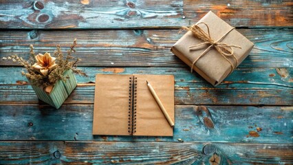 Rustic Wooden Tabletop Scene Featuring a Gift, Notepad, Pencil, and Dried Floral Arrangement, Ideal for Crafting and Handmade Businesses