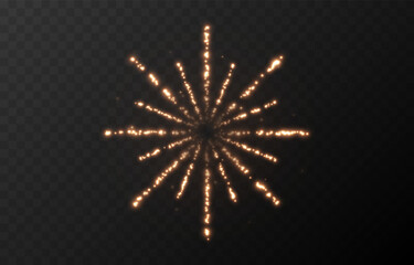 Festive golden fireworks PNG. Fireworks explosion on a transparent background. Festive background.