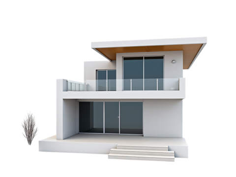 Modern white house with glass windows and balcony