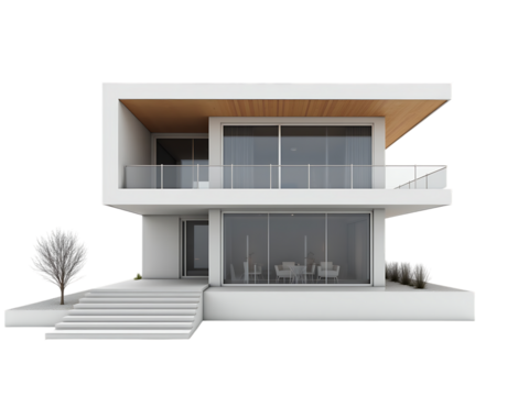 Modern house exterior with large windows and minimalist design - Powered by Adobe
