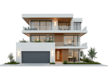 Modern luxury house exterior with large windows and garage