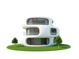 Modern white house with curved design and large windows