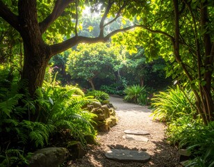 Sunlit Path Through a Lush Botanical Garden.
