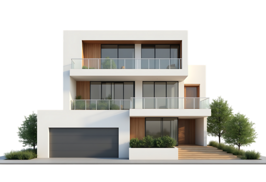 Modern white house with glass railings and wooden accents