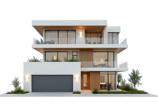 Modern luxury house exterior with large windows and garage