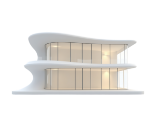 Modern two story building with glass windows and unique design
