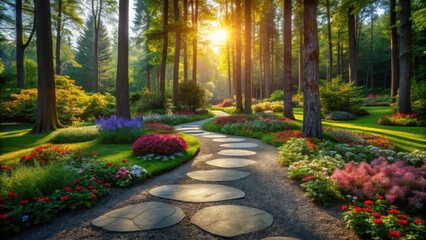 Serene Garden Path at Sunrise A Picturesque Winding Walkway Through Lush Blossoms and Towering Trees, Bathed in Golden Sunlight