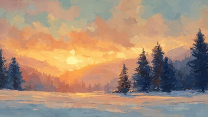 Obraz premium 夕焼けの雪原と森の風景 油彩風イラスト 冬の自然 背景素材