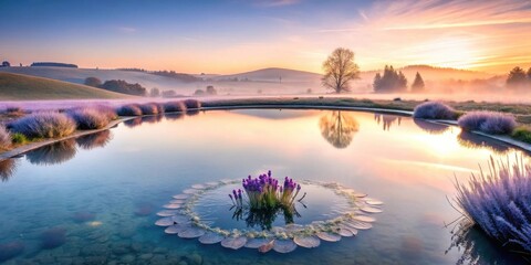 Serene Sunrise Over a Misty Landscape Featuring a Tranquil Pond with Purple Flowers and Reflective Waters