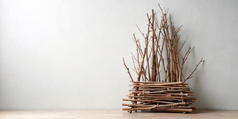 Rustic twig arrangement in a handcrafted wooden container against a minimalist backdrop