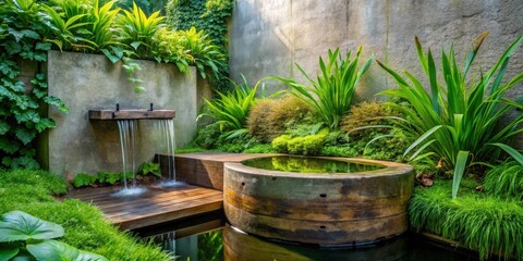 Serene Water Feature in Lush Garden Oasis with Cascading Water and Tranquil Pond