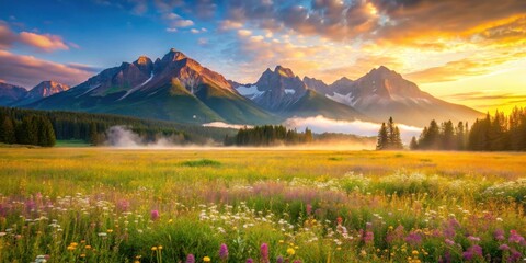 Golden Sunrise Illuminates a Vibrant Wildflower Meadow Nestled Amongst Majestic Mountain Peaks