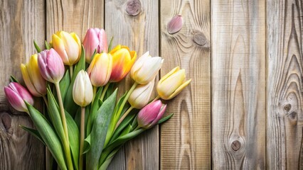 A delightful bouquet of pastel tulips rests on a rustic wooden surface