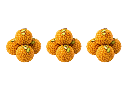 Three small stacks of golden indian sweets called laddu arranged in a row isolated on transparent background - Powered by Adobe