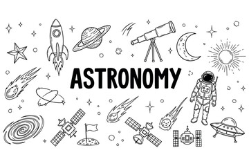 Astronomy symbols: rockets, planets, telescopes, and astronauts in space