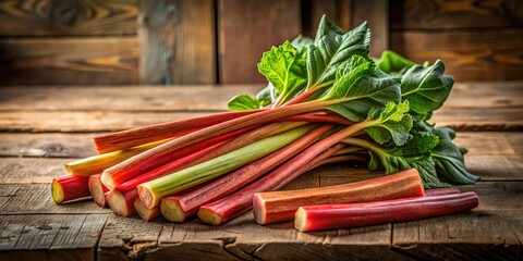 A vibrant harvest of freshly picked rhubarb stalks, showcasing their striking red and green hues, rests on a rustic wooden surface.