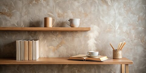 Serene Still Life of Books, Mugs, and a Steaming Cup on Wooden Shelves Against a Textured Wall