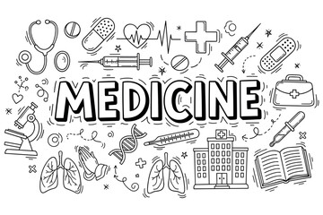 Medical tools and symbols illustration with dna and hospital building