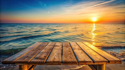 Golden Hour Serenity A Wooden Platform Overlooking a Calm Ocean at Sunset