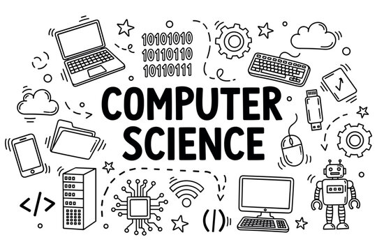 Computer science symbols and icons: technology, coding, innovation, digital, connection