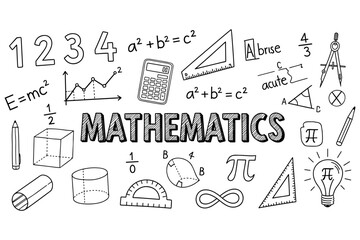 Hand-drawn mathematics doodles including formulas and geometric shapes