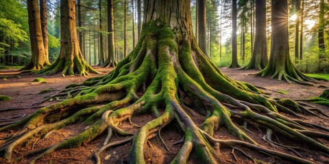 Majestic Forest Scene Ancient Tree Roots Embrace the Sunlight in a Serene Woodland Setting
