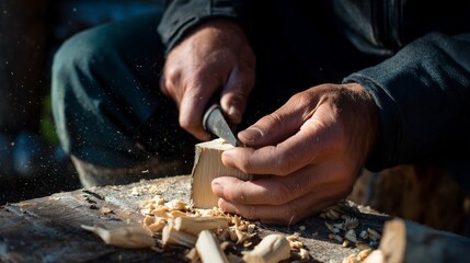 Person whittling wood with natural daylight, traditional craft and mindfulness activity