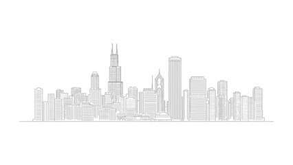 Naklejka premium Urban Silhouette: An elegant line drawing captures the captivating skyline of a bustling metropolis, showcasing architectural marvels against a clean backdrop. 