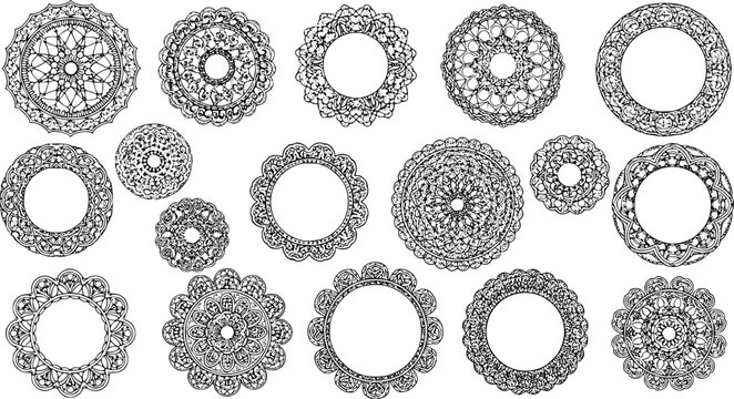 Vintage lace doily. Round lace napkins, ornate circle lace doily wedding table decoration. Decorative lace round frames vector illustration set. Ornate lace round, floral circle wedding ornamental