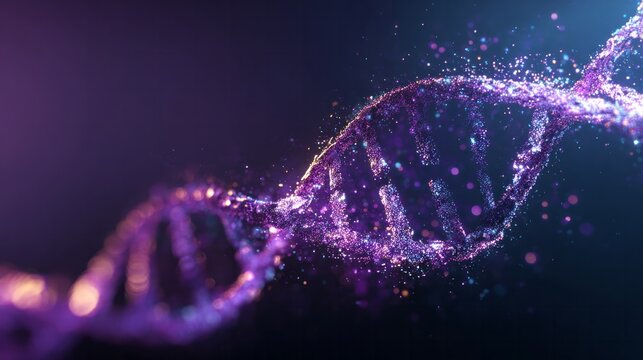 Digital representation of a double helix structure composed of glowing particles against a dark background