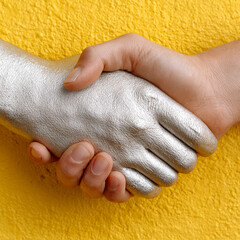 Fototapeta premium A human hand and a silver-painted hand shaking against a yellow wall.