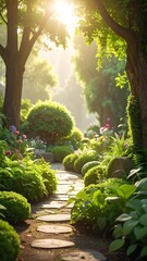 Sunlit Path Through a Lush Green Garden.