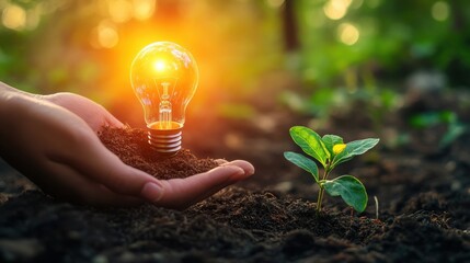 Innovative eco scene glowing bulb in soil kanjodnok visual art natural environment close-up eco innovation