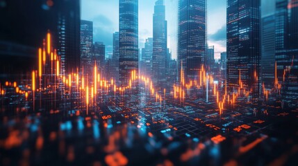 Digital trading charts reflected in modern skyscrapers urban cityscape gigapixel imagery financial hub futuristic concept