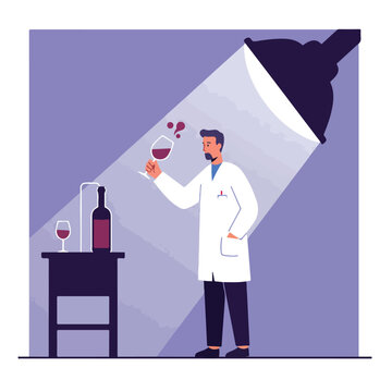 An illustration depicting a scientist examining a glass of red liquid under a spotlight with a bottle and glass