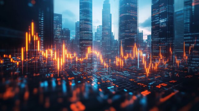 Digital trading charts reflected in modern skyscrapers urban cityscape gigapixel imagery financial hub futuristic concept - Powered by Adobe
