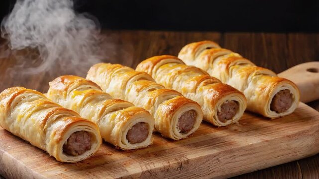 australian baked puff pastry sausage rolls on warm background video orbit