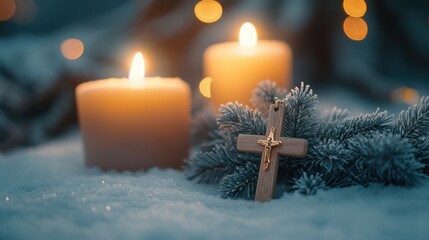 Creating a serene winter still life with a wooden cross necklace indoor scene photography cozy atmosphere artistic concept