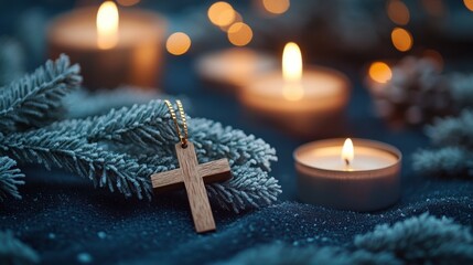 Christian winter still life featuring wooden cross necklace indoor studio still life photography cozy environment artistic perspective
