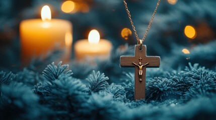 Winter still life with wooden cross necklace indoor setting artistic display christian symbolism close-up view kanjodnok concept