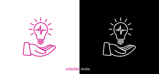 Abstract editable stroke hand holding light bulb illustration with heartbeat line vector design to use for healthcare, business, healthy lifestyle, medical business concept illustration.
