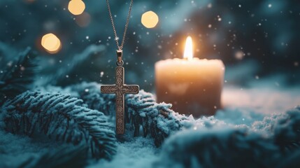 Captivating closeup of kanjodnok cross pendant deep navy textured fabric high-resolution image studio setting artistic concept