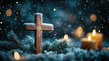 Creating a kanji faith symbol wooden cross on dark blue cloth artistic display studio setting close-up perspective