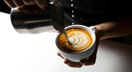 A barista carefully pours steamed milk into a cup of coffee, creating intricate latte art with a swirling pattern.