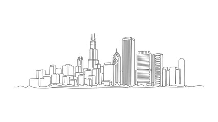 Naklejka premium Urban Silhouette: A minimalist line drawing captures the essence of a modern cityscape, showcasing a dynamic skyline of towering buildings and architectural marvels.