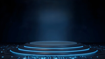 Futuristic product showcase with neon blue lighting for modern technology presentation, ideal for e-commerce displays and innovative product launches