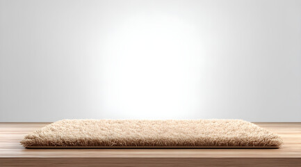 Soft beige textured rug on a wooden floor, perfect for showcasing products or adding warmth to interior designs, creating a cozy inviting atmosphere