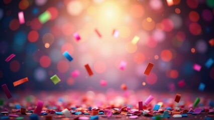 Colorful confetti pieces drifting downward through vibrant bokeh lights on warm gradient background, concept of birthday party, festive greeting, event promotion